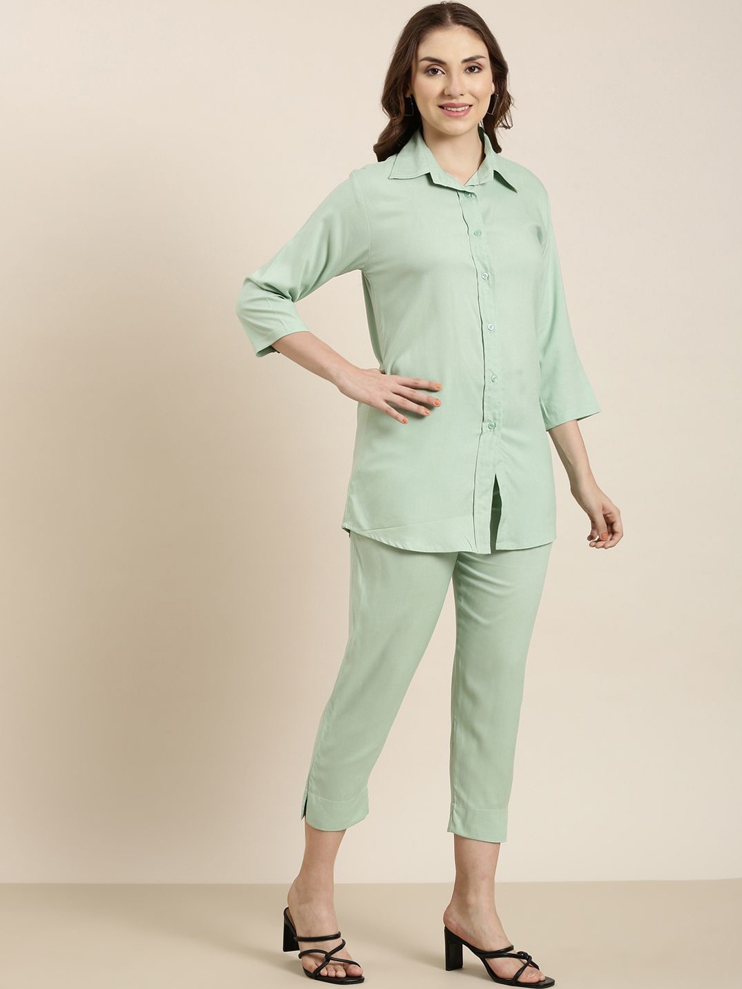 

SHOOLIN Collar Neck Shirt With Trousers, Green