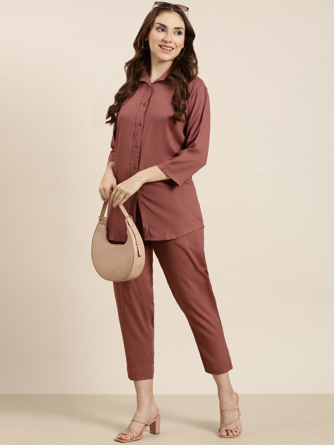 

SHOOLIN Collar Neck Shirt With Trousers, Mauve