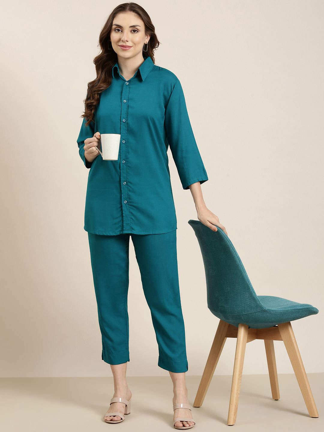 

SHOOLIN Full Sleeved Shirt with Pant Co-Ord Set, Blue