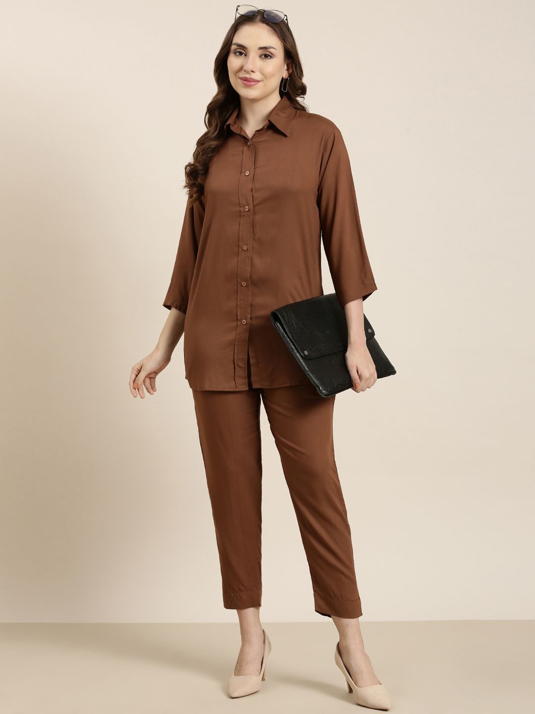 

SHOOLIN Full Sleeved Shirt with Pant Co-Ord Set, Brown