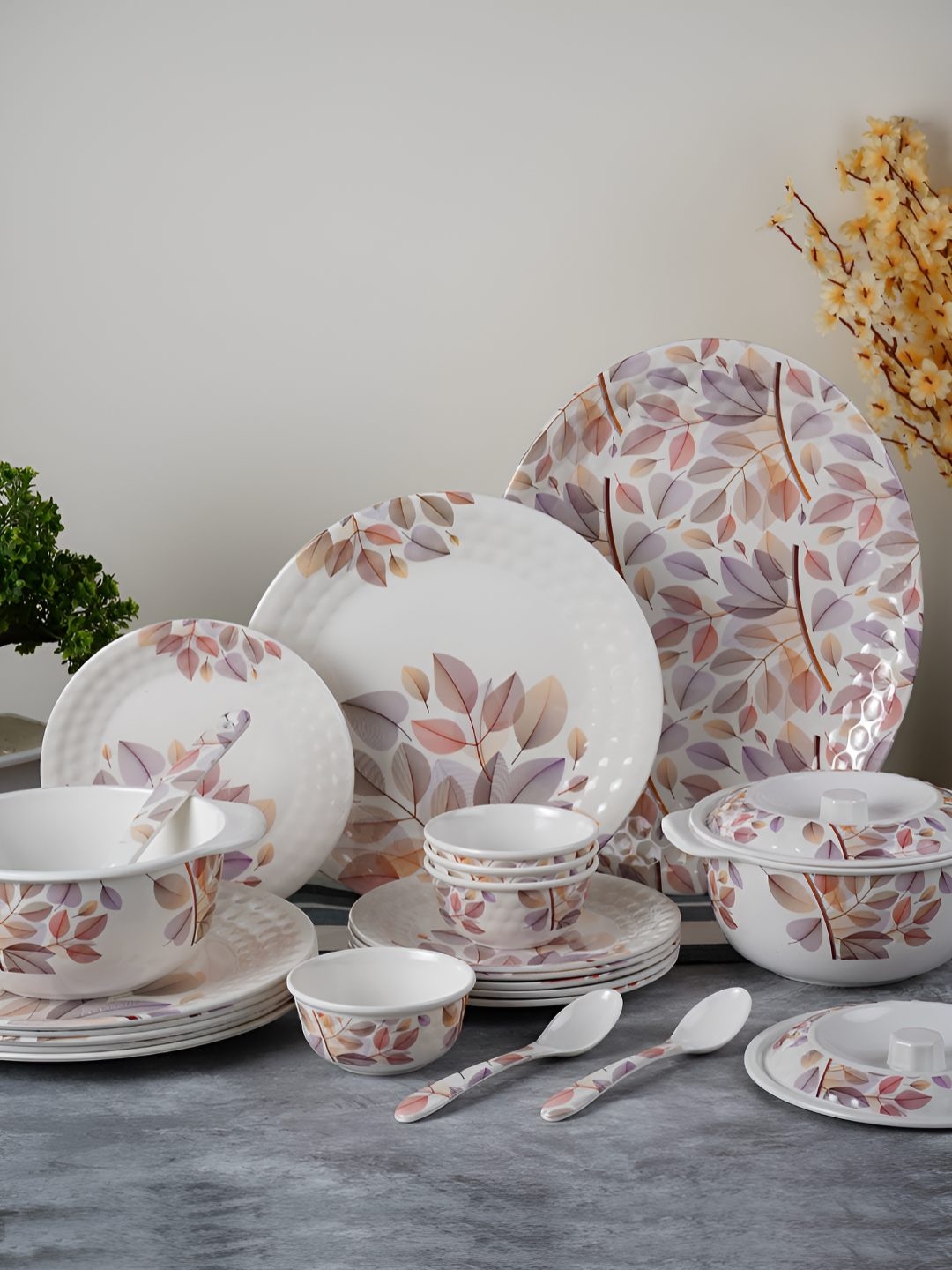 

Aura White & Brown 41 Pieces Floral Printed Dinner Set