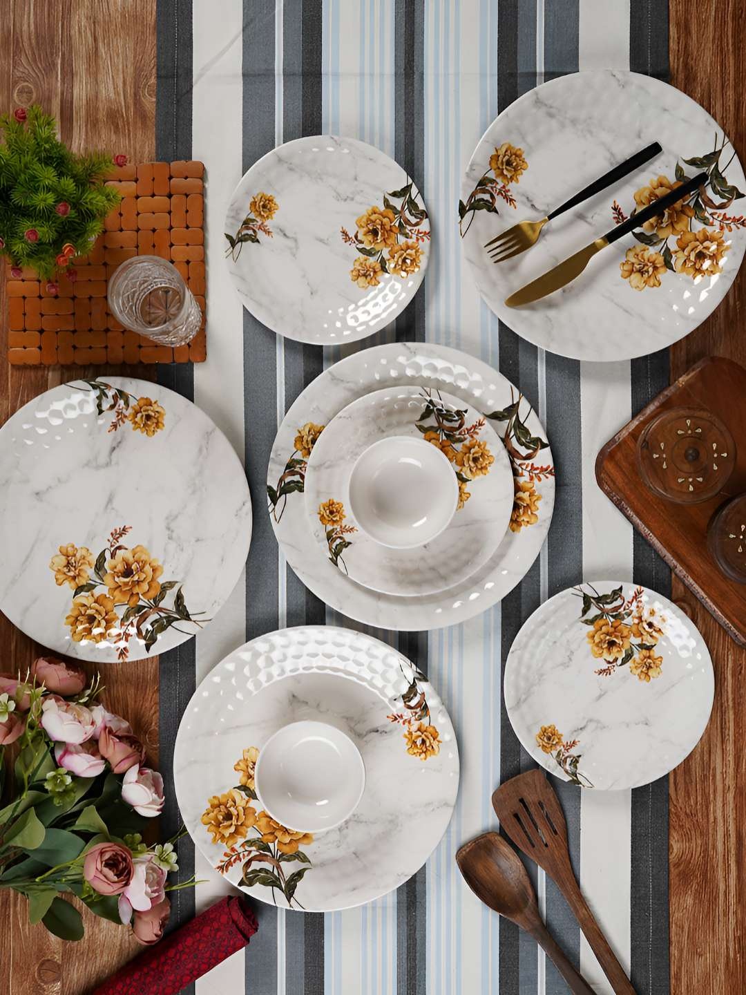 

Aura White & Yellow 18 Pieces Floral Printed Glossy Dinner Set