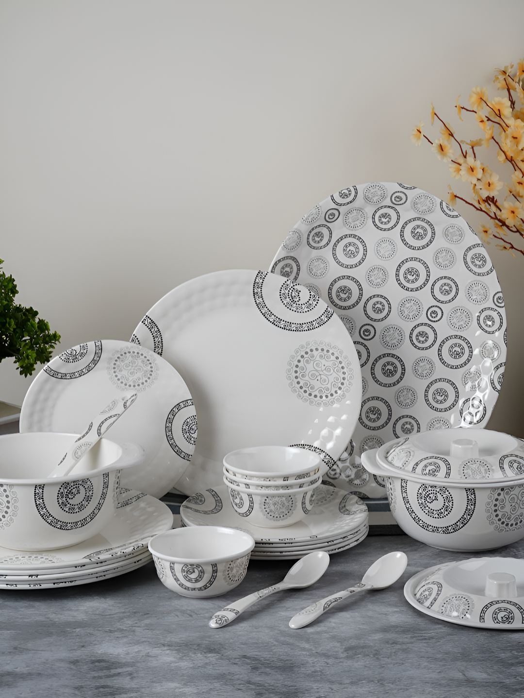 

Aura White & Grey 41 Pieces Geometric Printed Glossy Dinner Set