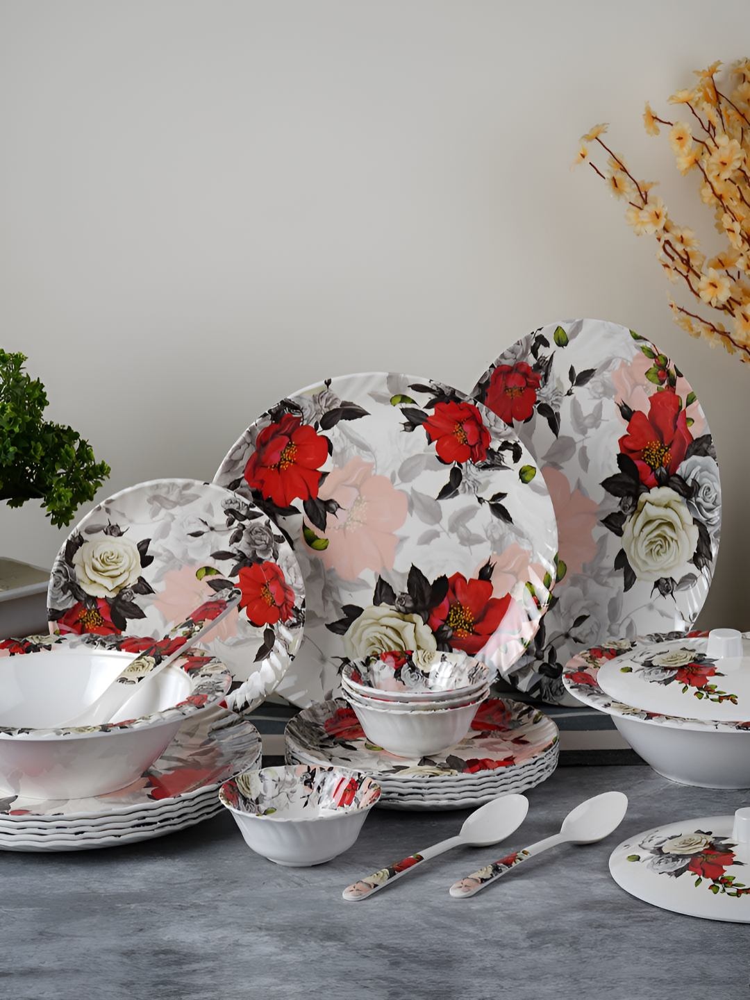 

Aura White & Red 41 Pieces Floral Printed Dinner Set