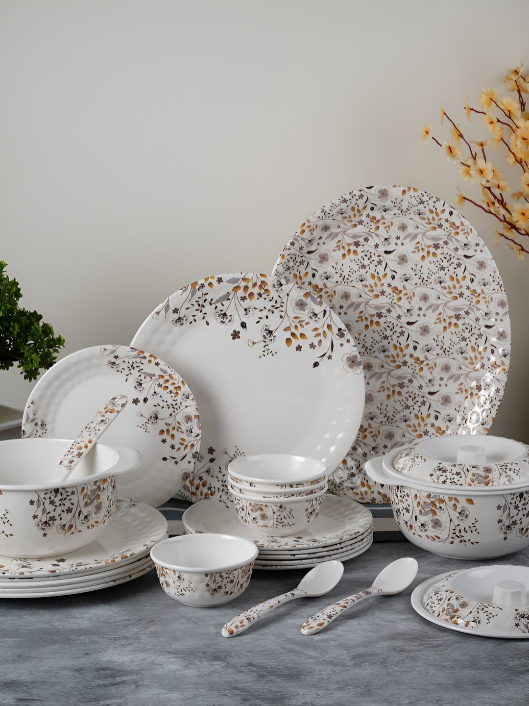 

Aura 41-Pcs White & Yellow Printed Glossy Dinner Set