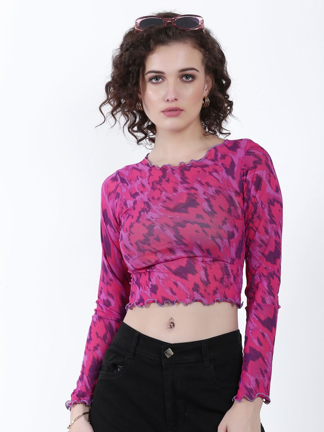 

SIGHTBOMB Print Sheer Cotton Net Crop Top, Pink