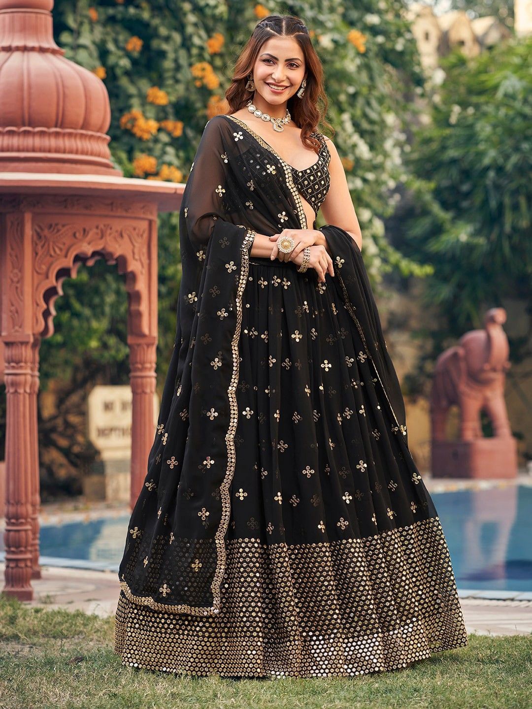 

KALINI Embroidered Sequinned Ready to Wear Lehenga & Semi-Stitched Blouse With Dupatta, Black