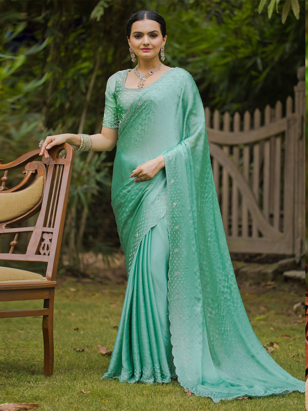 

Mitera Women Embellished Satin Saree, Sea green