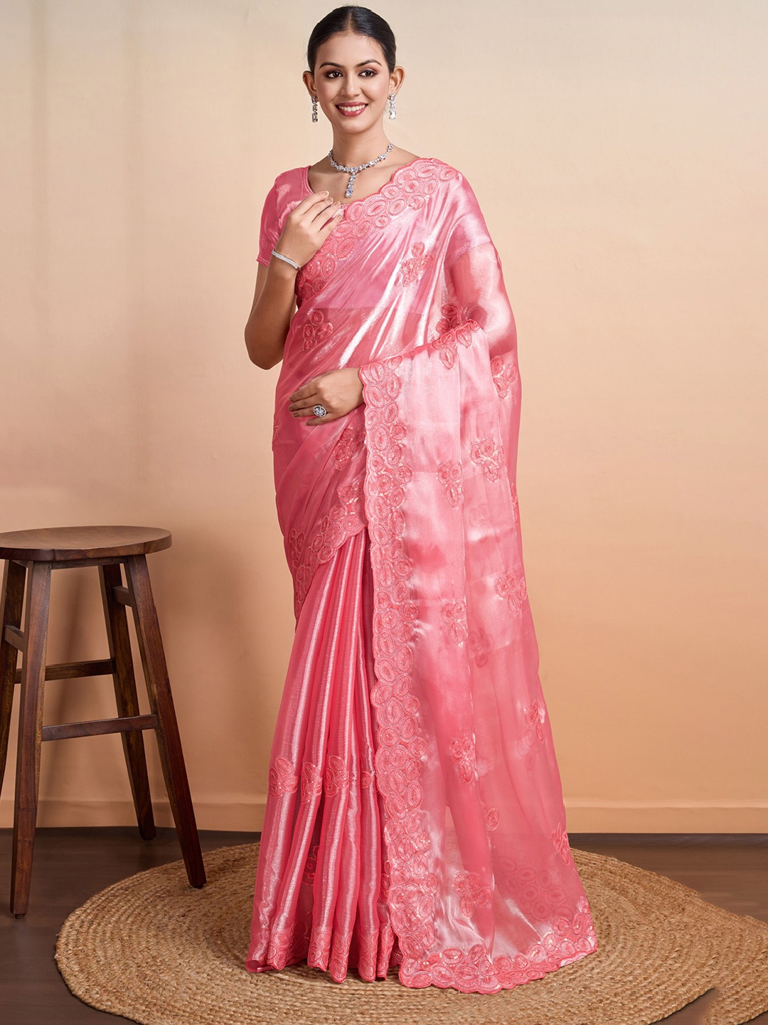 

Mitera Embroidered Sequinned Saree, Pink