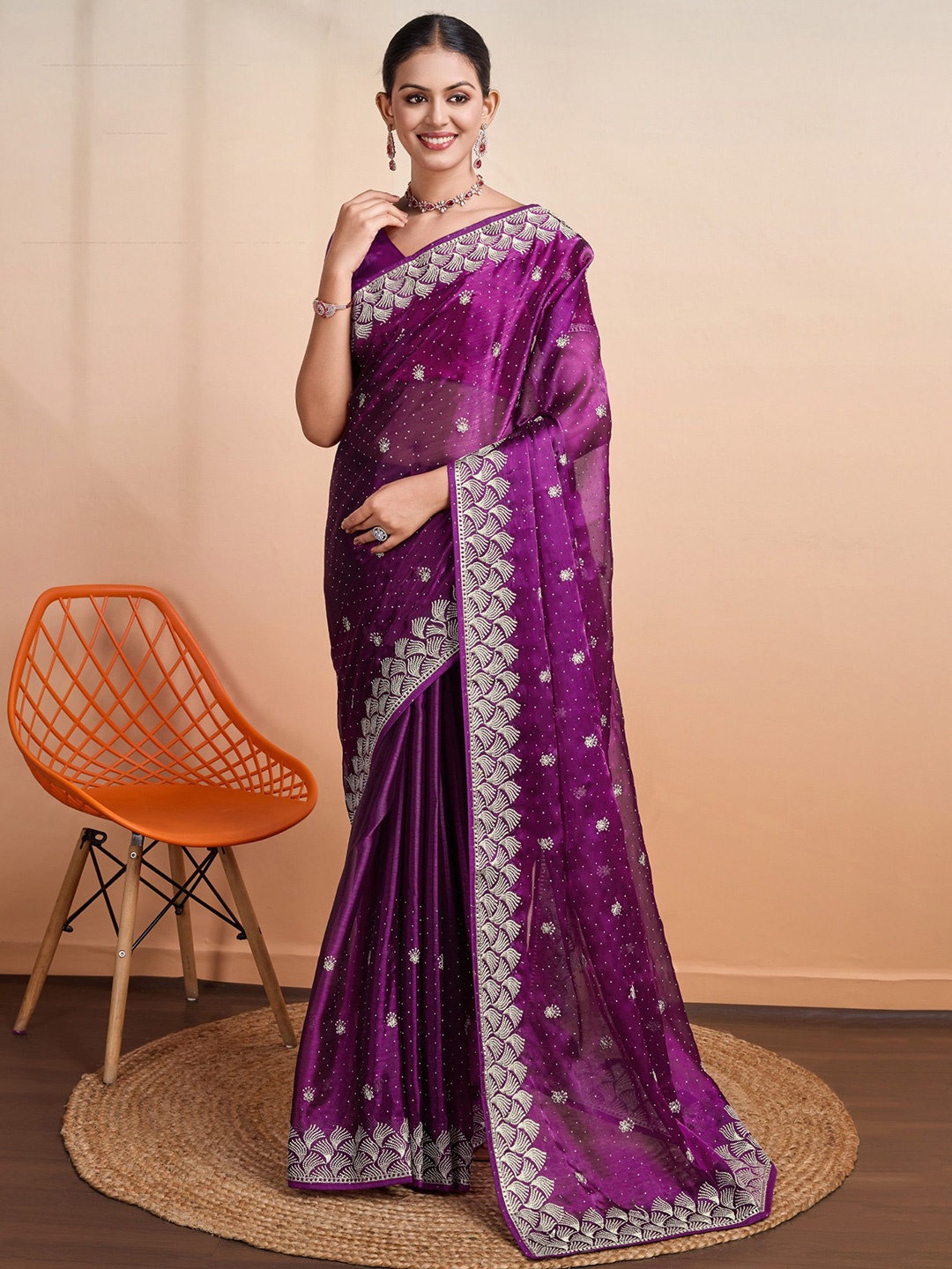 

Mitera Floral Embroidered Organza Saree, Purple