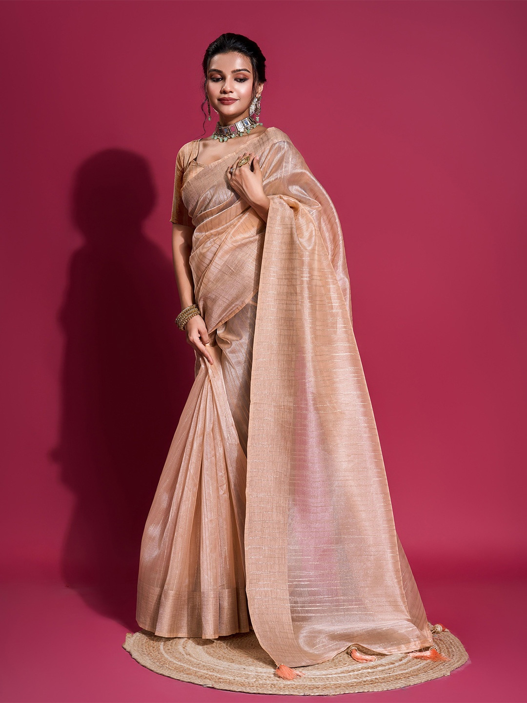 

Mitera Zari Woven Striped Tassel Saree, Peach