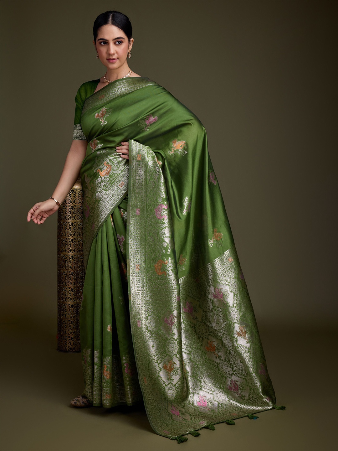 

Mitera Woven Design Zari Silk Blend Banarasi Saree, Olive