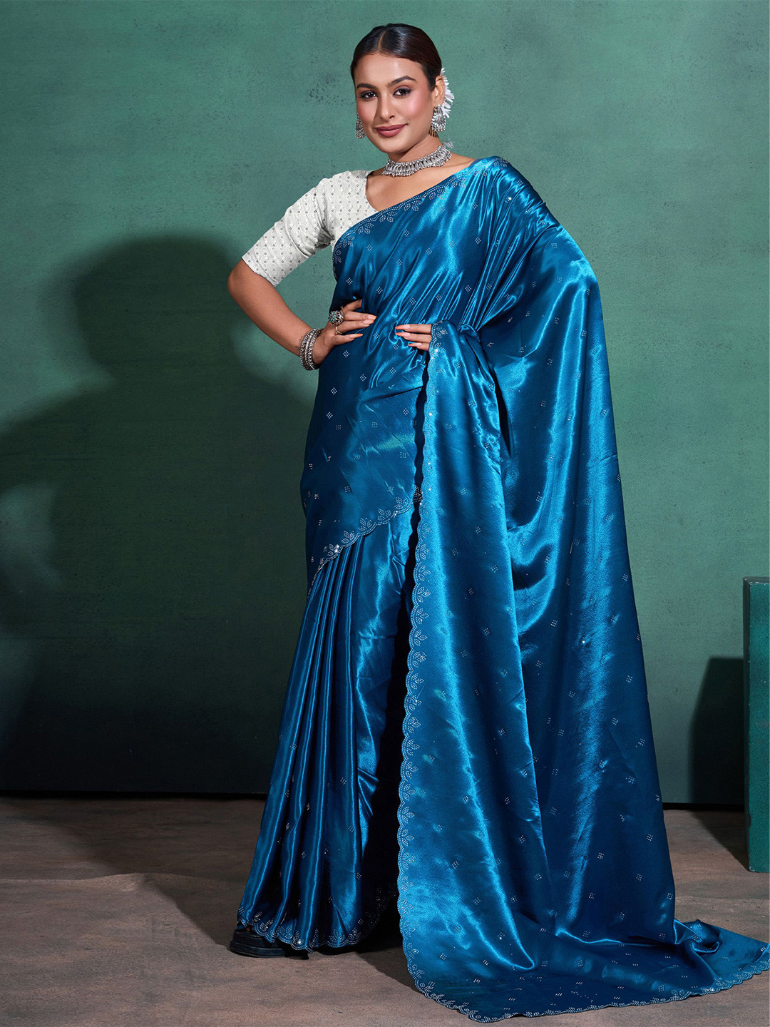 

Mitera Ethnic Motifs Beads and Stones Satin Saree, Blue