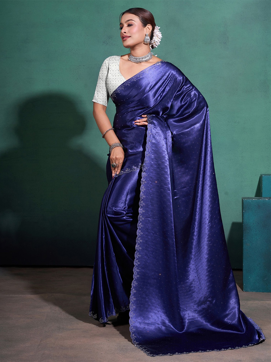 

Mitera Embellished Satin Beads and Stones Satin Saree, Navy blue