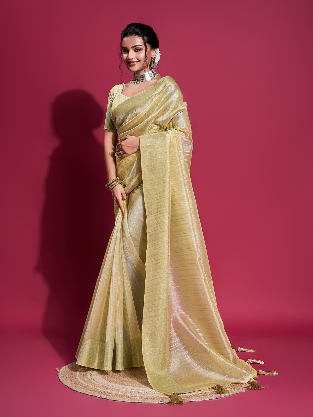 

Mitera Ethnic Motifs Woven Design Zari Organza Saree, Gold