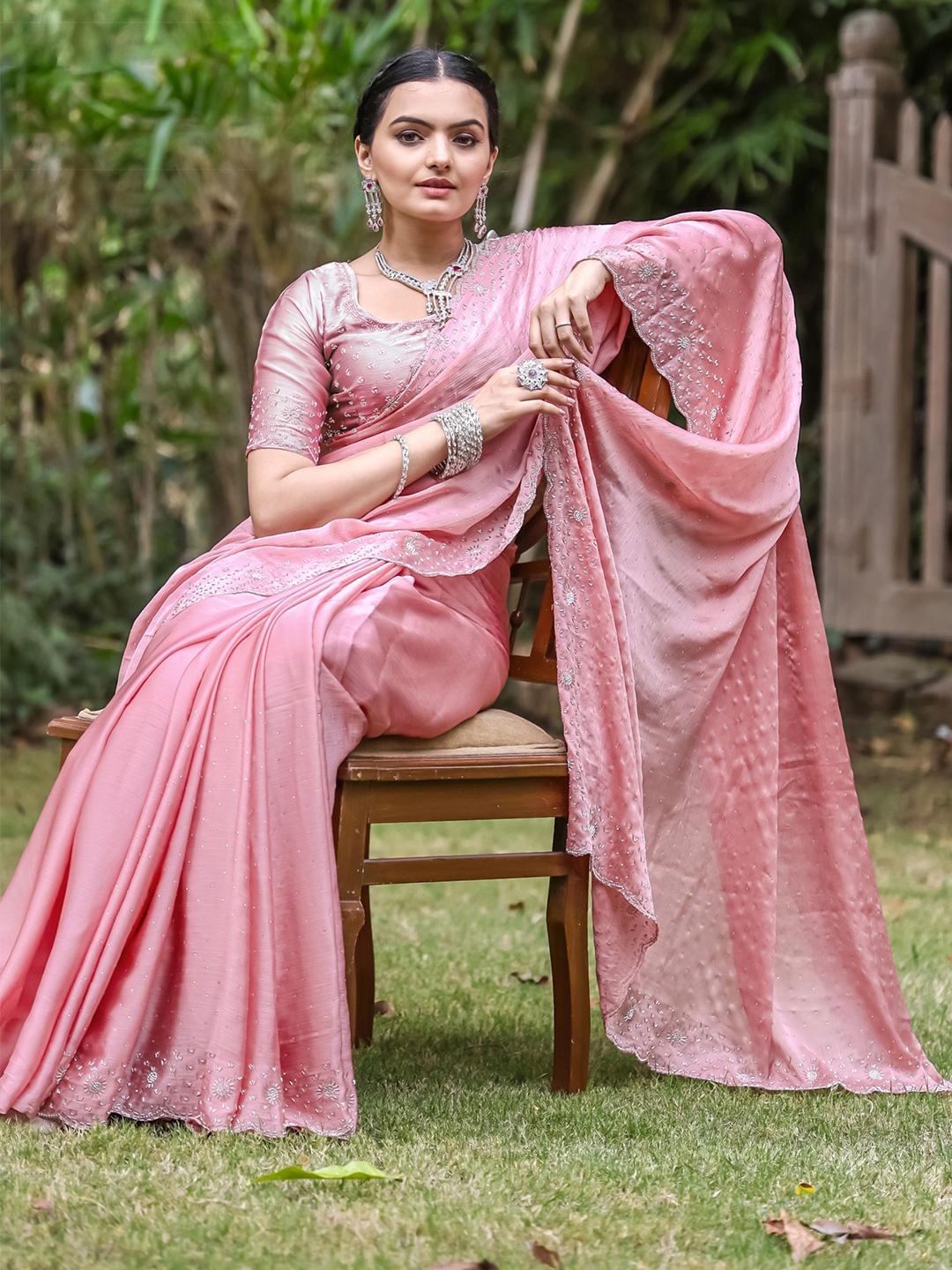

Mitera Embellished Beads and Stones Satin Saree, Pink