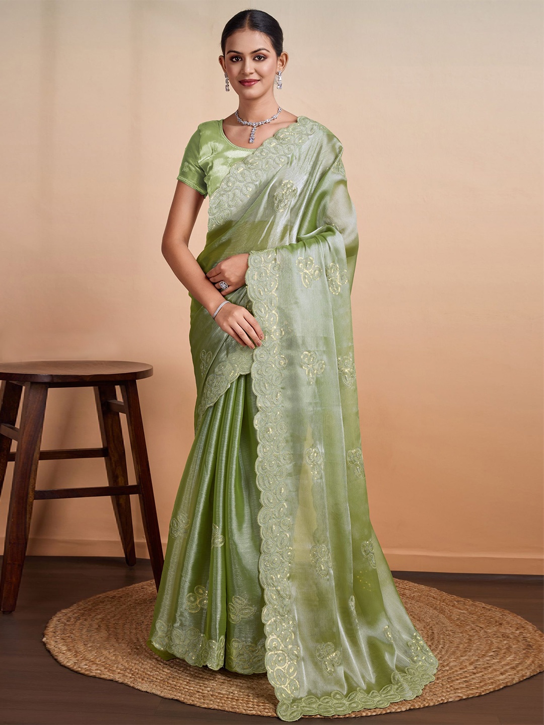 

Mitera Embellished Beads and Stones Organza Saree, Green