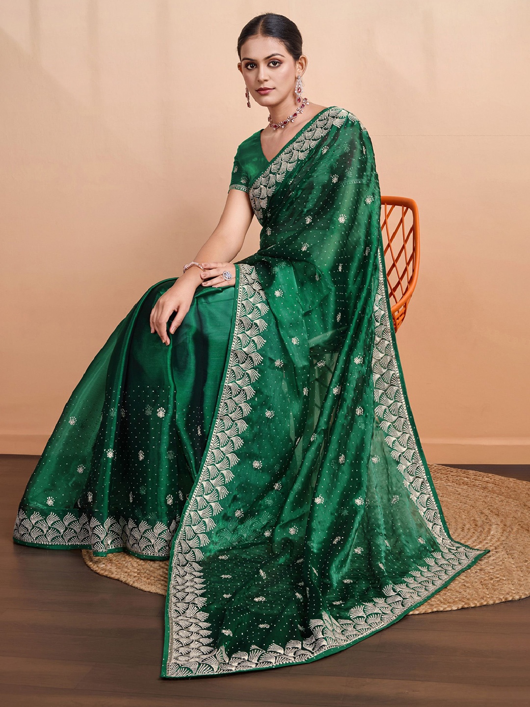 

Mitera Floral Embroidered Sequinned Organza Saree, Green