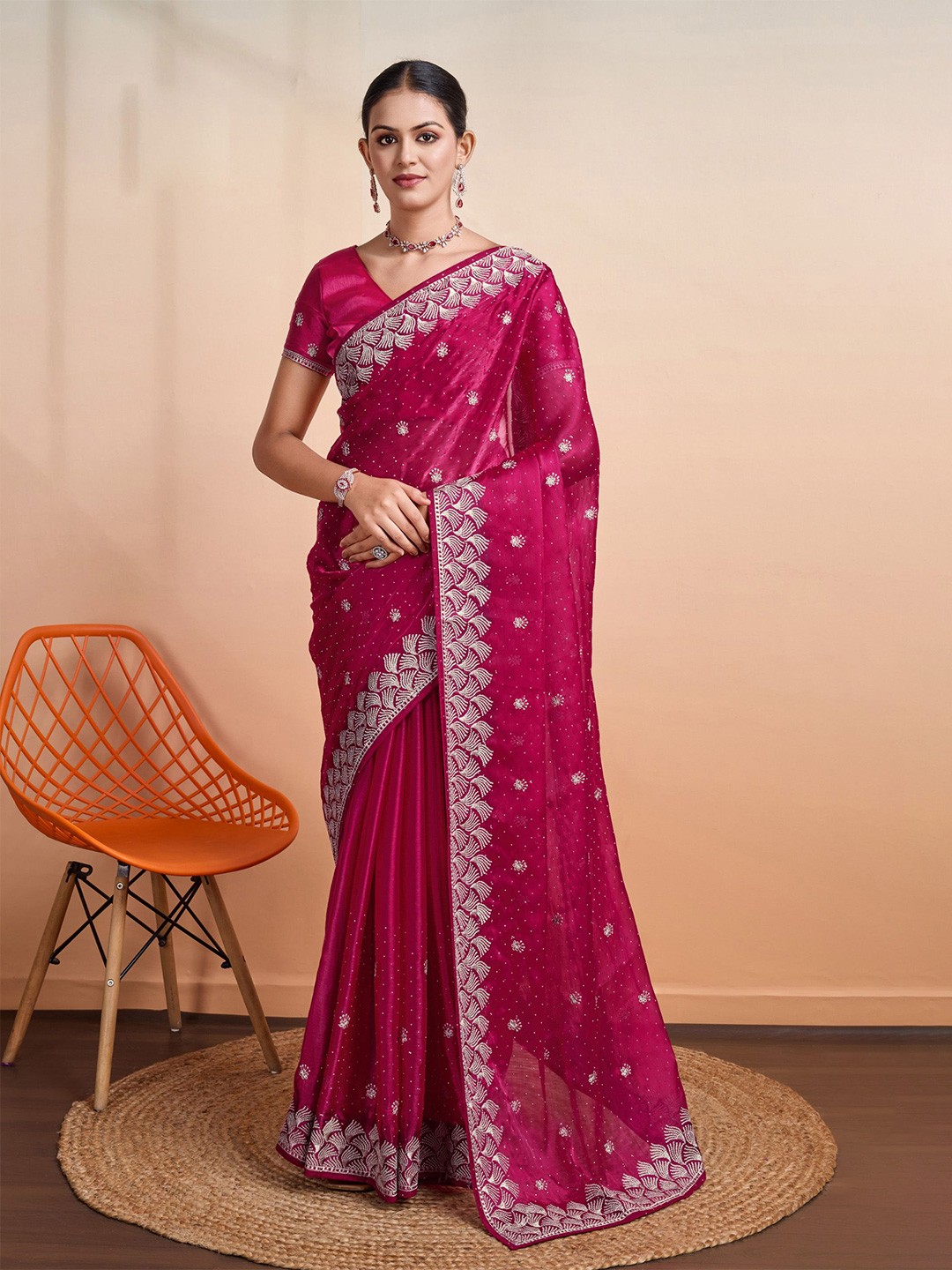 

Mitera Floral Embroidered Organza Saree, Pink