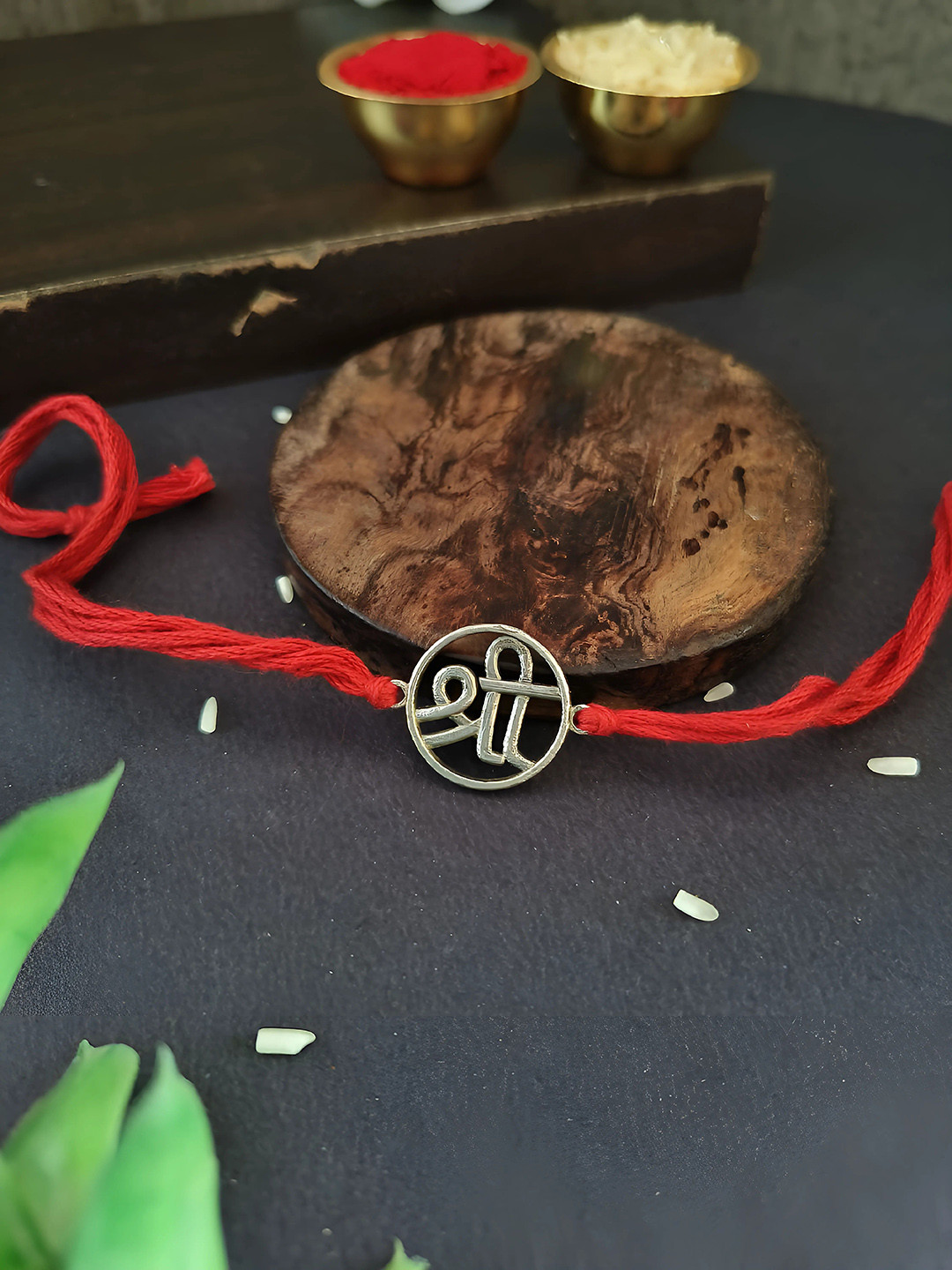 

Sangria Silver Plated Shree Thread Rakhi & Roli Chawal, Red