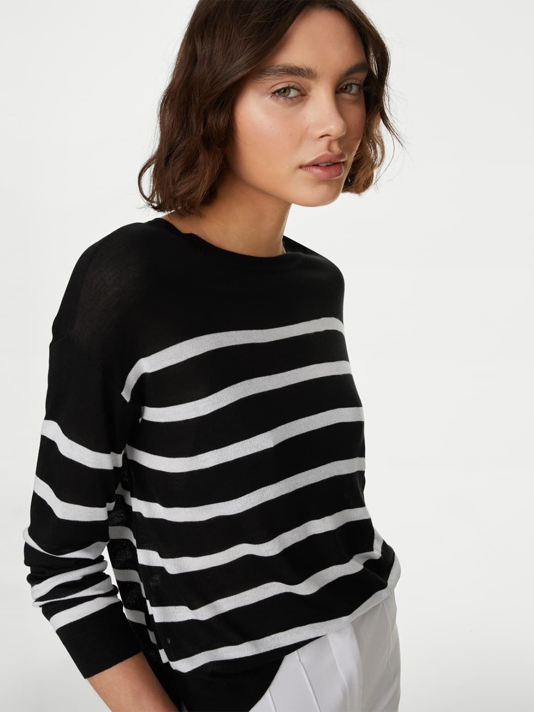 

Marks & Spencer Women Striped Pullover, Black
