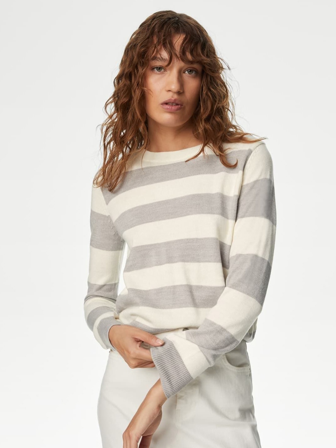 

Marks & Spencer Women Striped Pullover, Grey