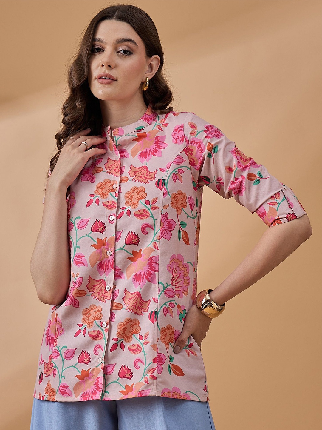 

all about you Floral Print Mandarin Collar Roll-Up Sleeves Shirt Style Longline Top, Peach