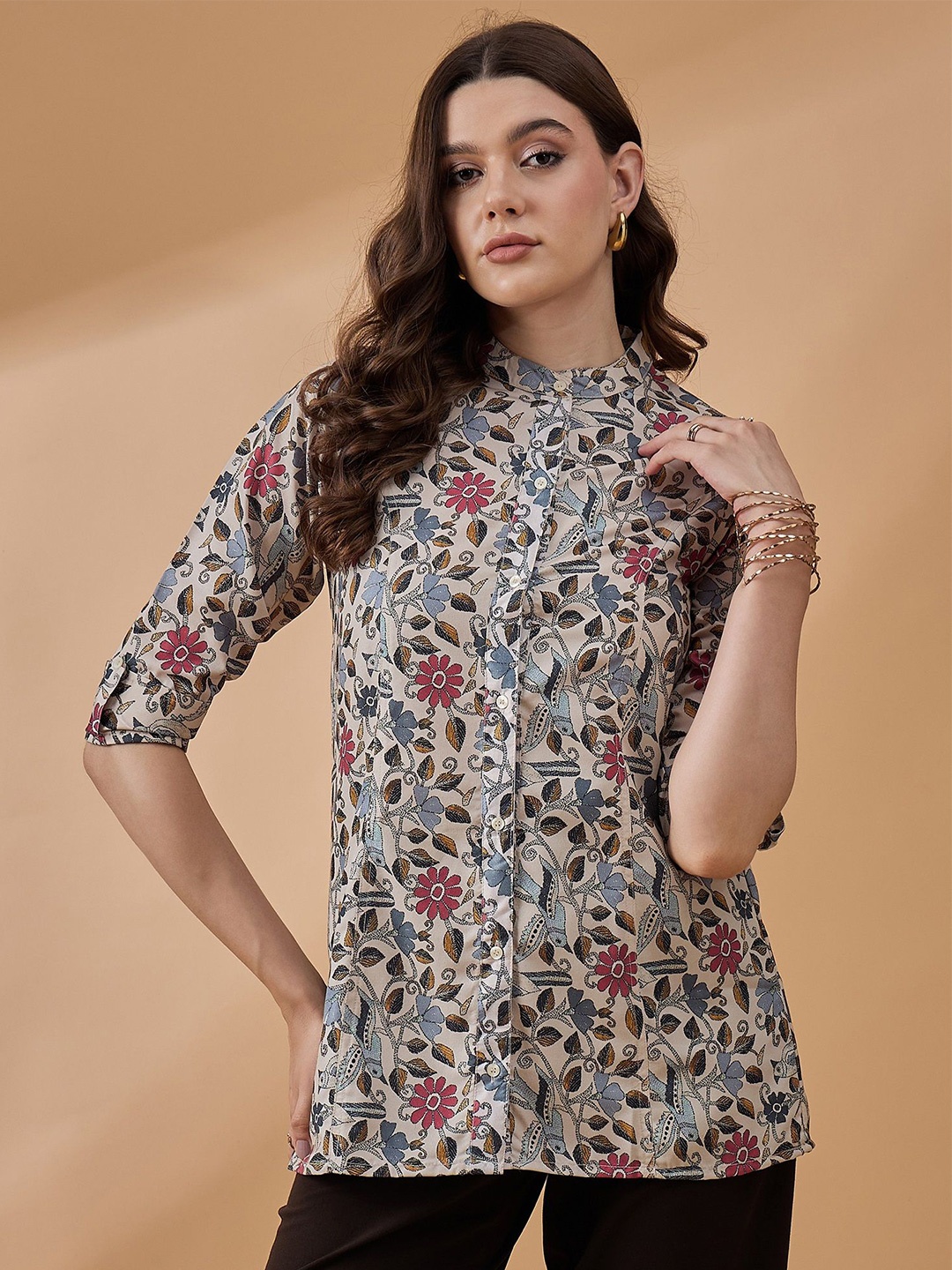 

all about you Floral Print Mandarin Collar Ethnic Shirt Style Top, Beige