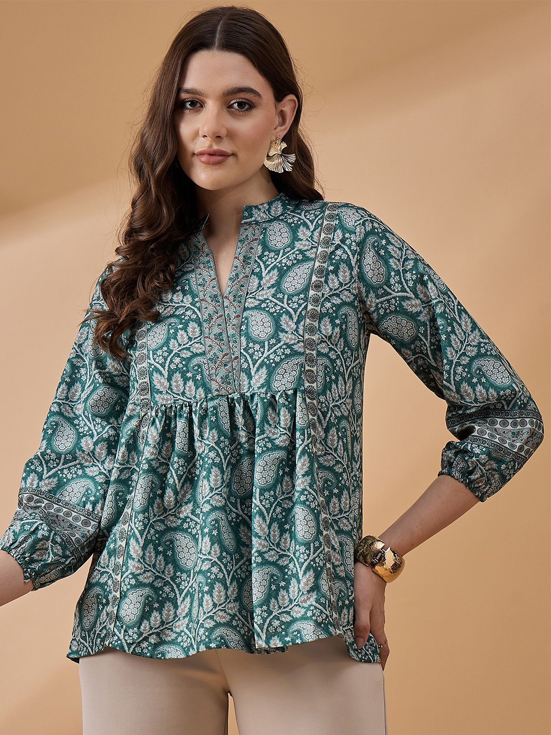 

all about you Print Mandarin Collar Ethnic Top, Green