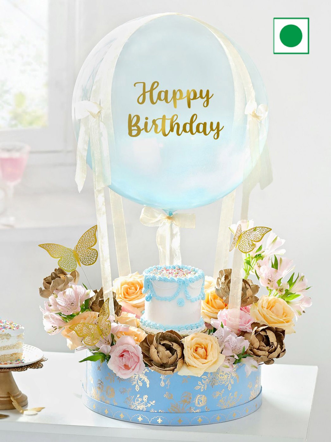 Interflora 6-Pcs Mixed Fresh Flower With Mini Chocolate Cream Cake 300G, Blue