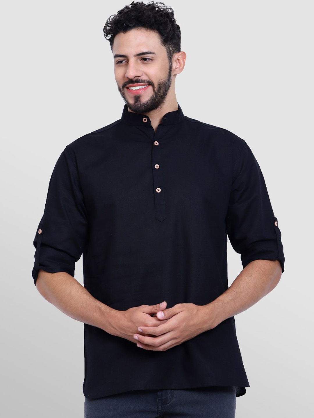 

TrendiVastra Band Collar Roll-Up Sleeves Cotton Short Straight Kurta, Black
