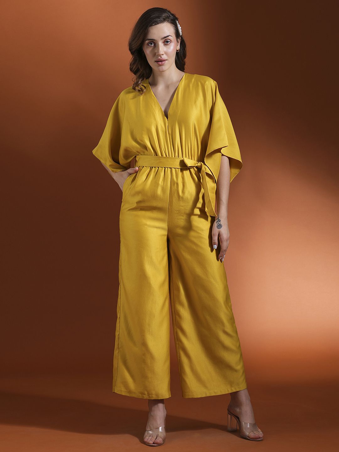 

Globus Bright Ideas Kimono Sleeves Waist Tie-Up Satin Basic Jumpsuit, Mustard