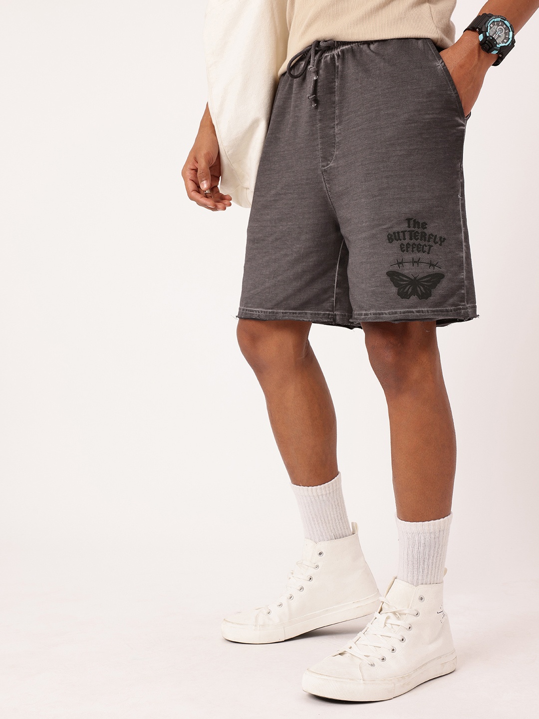 

Kook N Keech Men Urban Edge Printed Cotton Terry Washed Regular Shorts, Grey