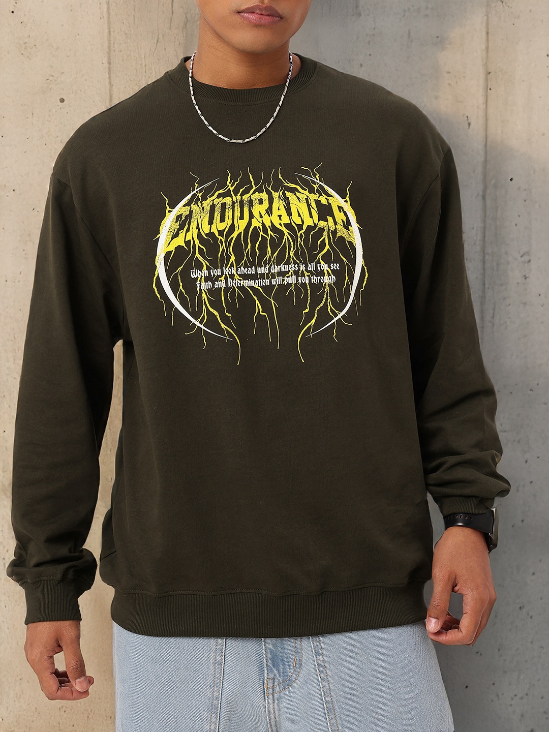 

Kook N Keech Urban Graphic Printed Cotton Terry Relaxed Fit Sweatshirts, Olive