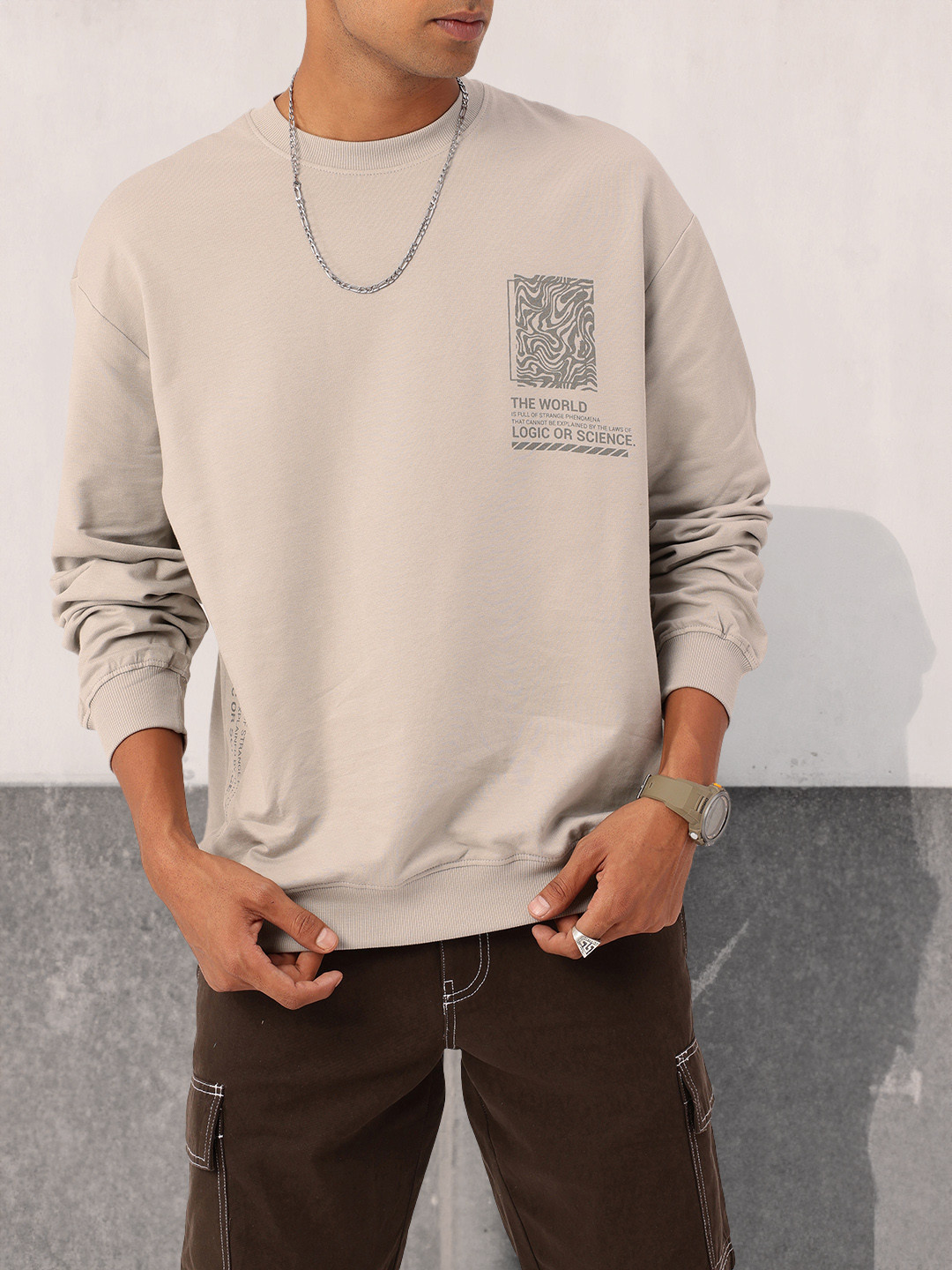 

Kook N Keech Efficient Edge Printed Cotton Terry Relaxed Fit Sweatshirt, Taupe