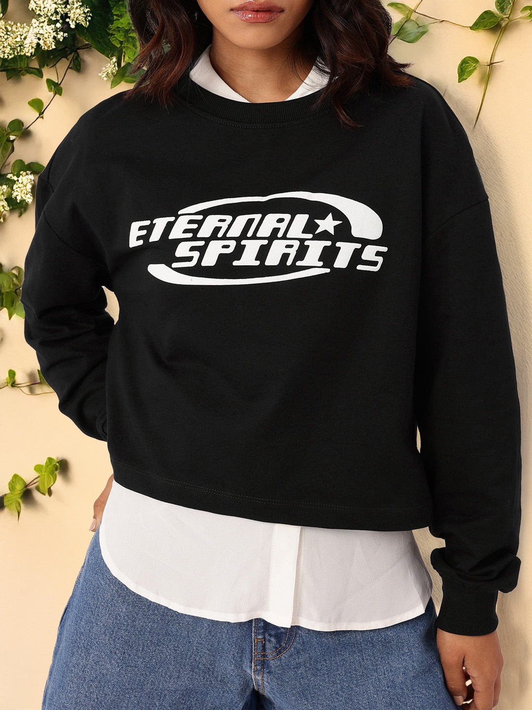 

DressBerry 90s Nostalgia Printed Cotton Terry Relaxed Fit Sweatshirts, Black