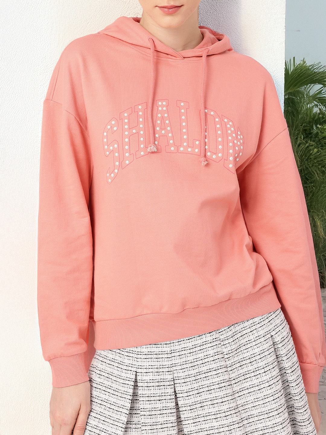 

DressBerry Urban Chic Studded Cotton Terry Relaxed Fit Hooded Sweatshirt, Peach