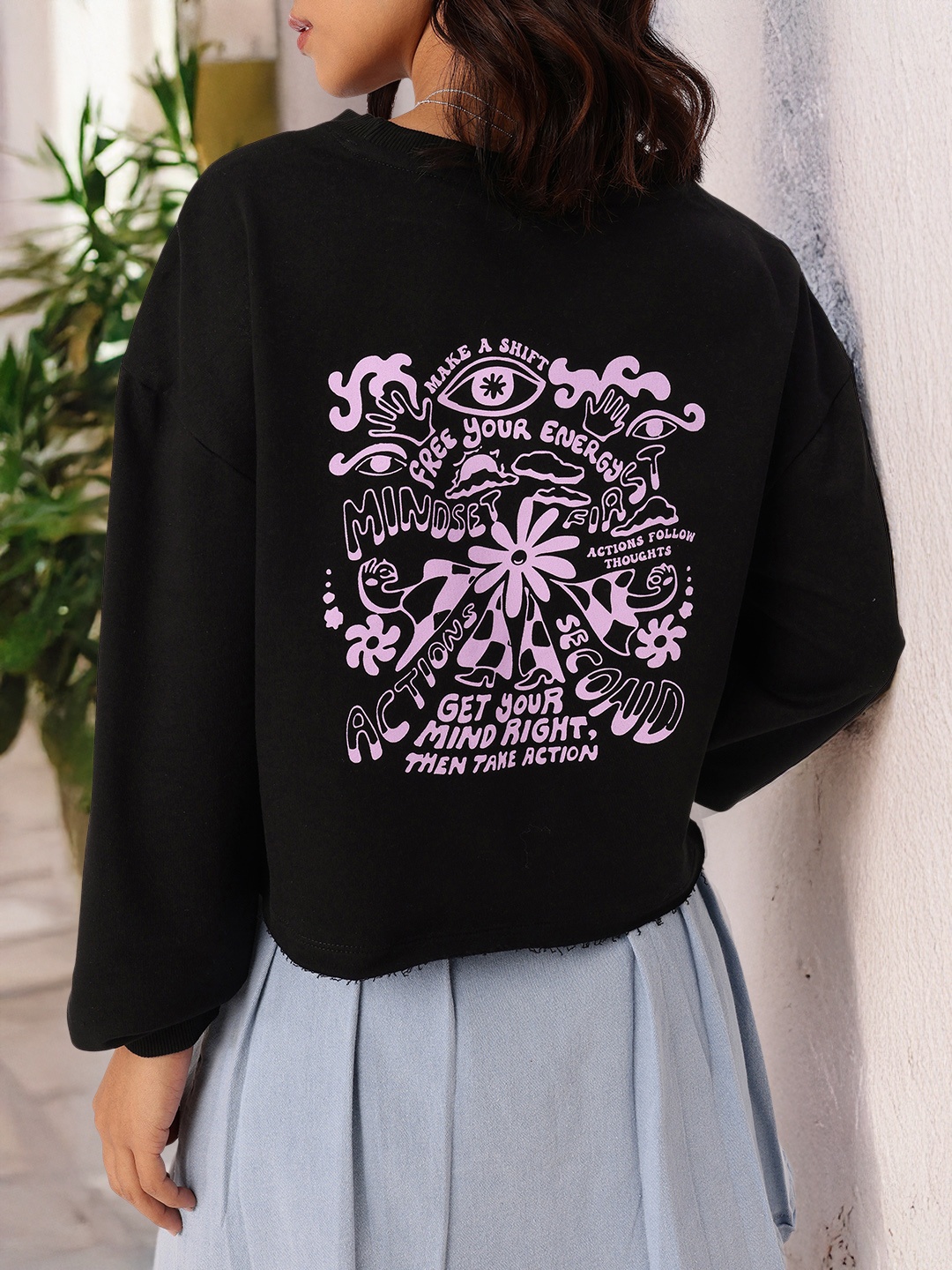 

DressBerry Effortless Style Printed Cotton Terry Relaxed Fit Sweatshirts, Black