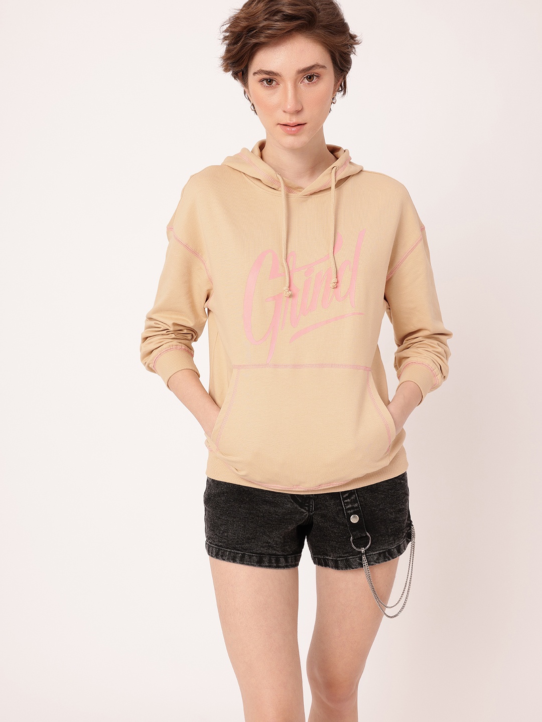 

DressBerry Street Swag Printed Hooded Cotton Terry Relaxed Fit Sweatshirt, Beige