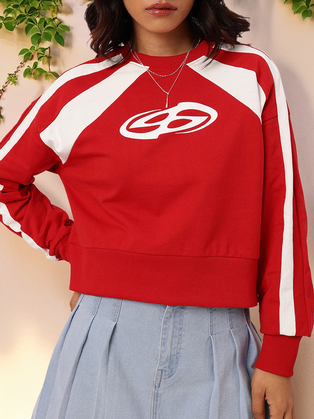 

DressBerry Sporty Sophistication Printed Cotton Terry Relaxed Fit Sweatshirts, Red