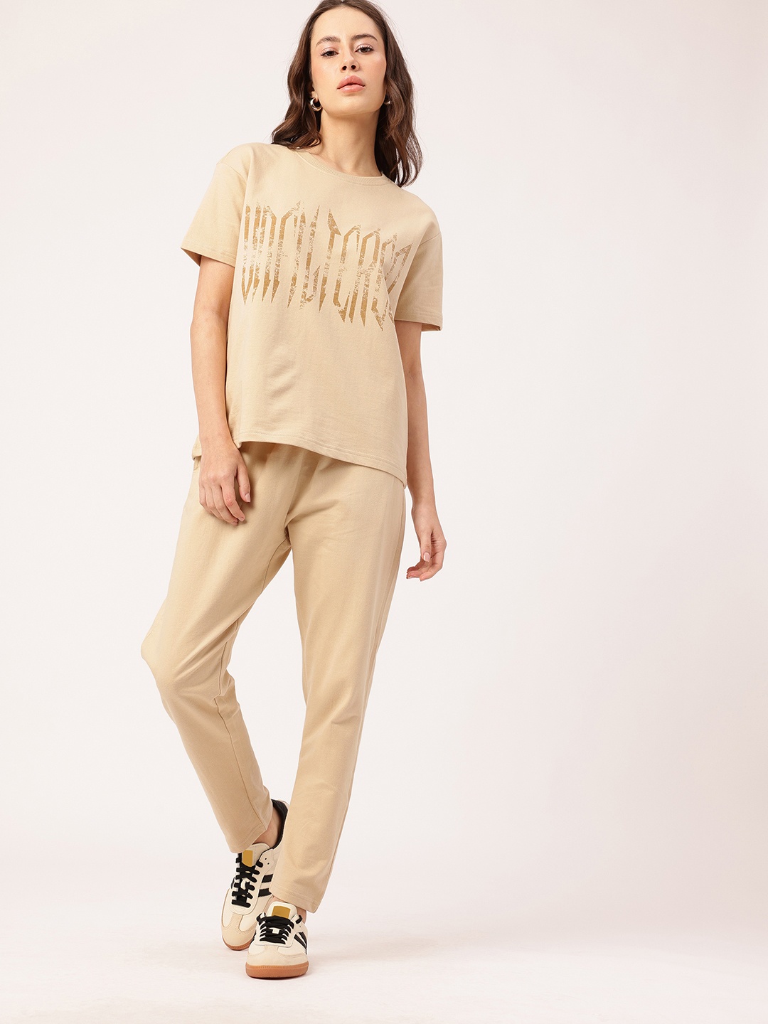

DressBerry Casual Chic Cotton Terry Typography Printed T-Shirt & Trouser Co-Ords, Beige