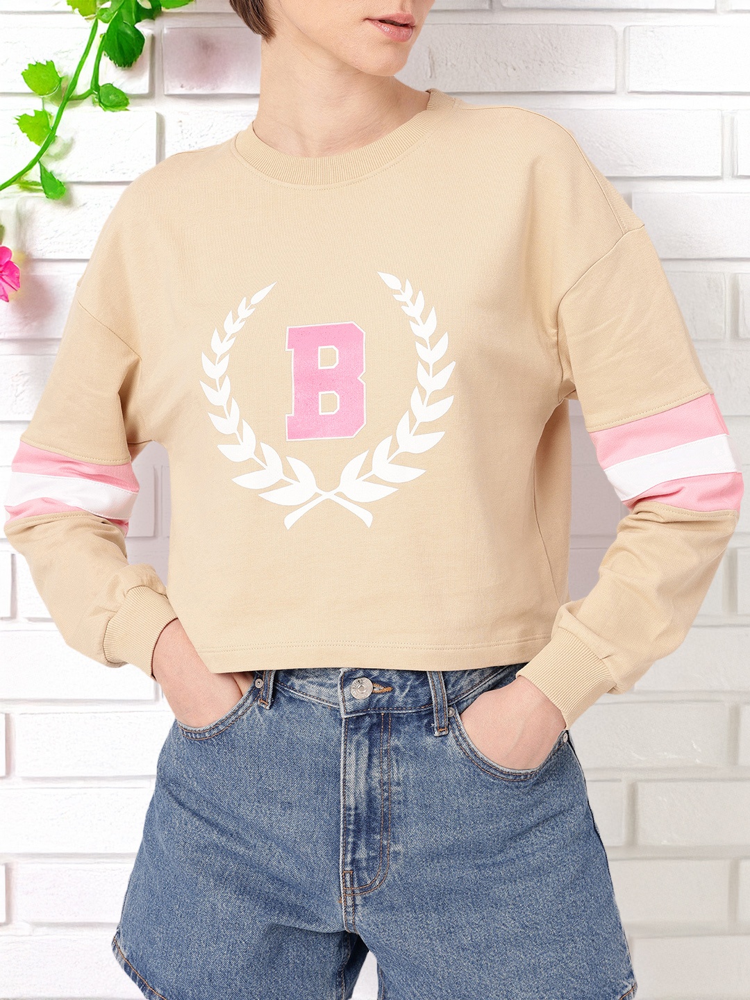 

DressBerry Slick Schoolyard Printed Cotton Terry Relaxed Fit Sweatshirt, Beige