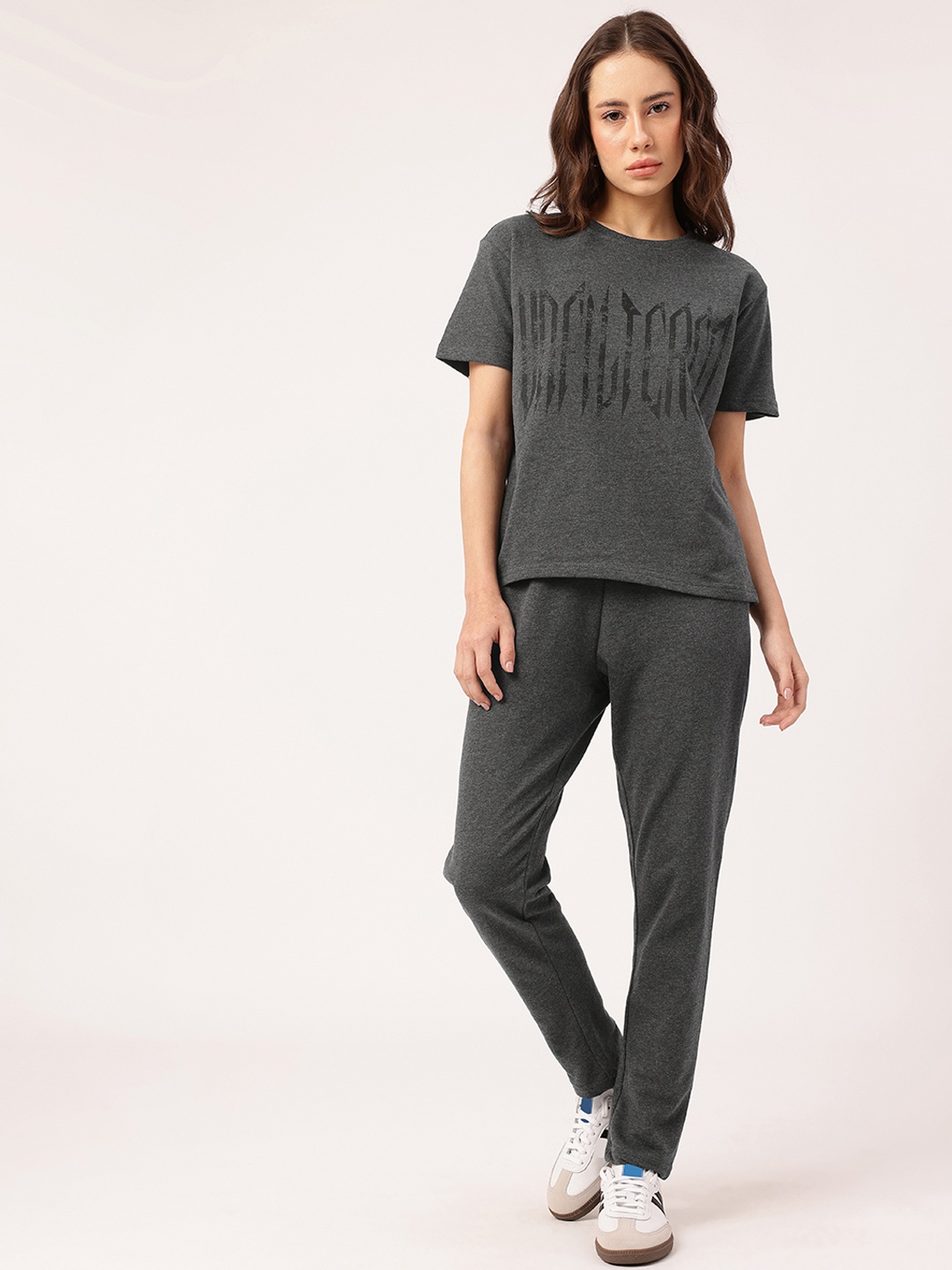

DressBerry Urban Chic Cotton Terry Relaxed Fit Printed T-Shirt & Trouser Co-Ords, Grey melange