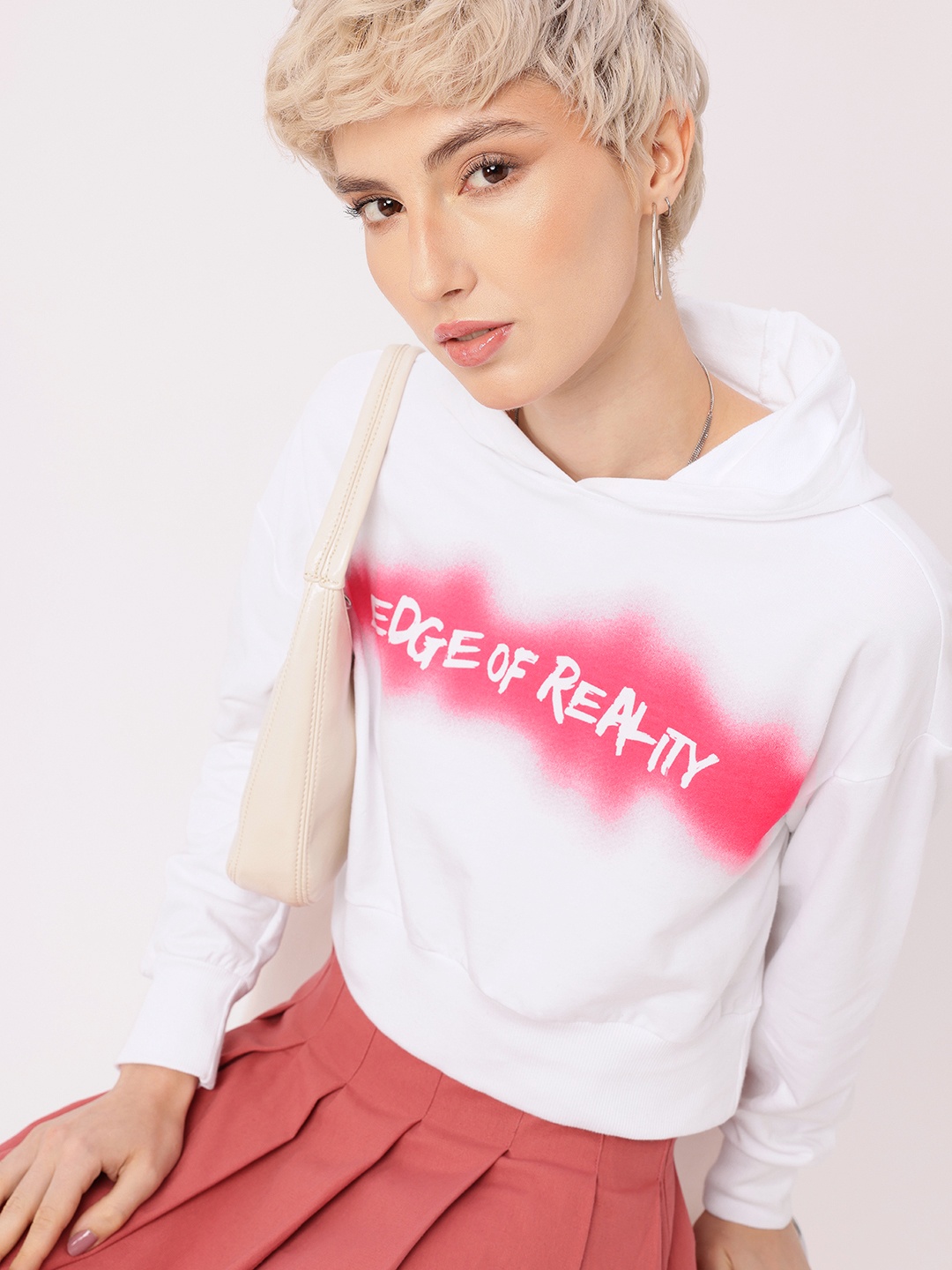 

DressBerry Edgy Vibe Printed Cotton Terry Boxy Fit Hooded Sweatshirt, White