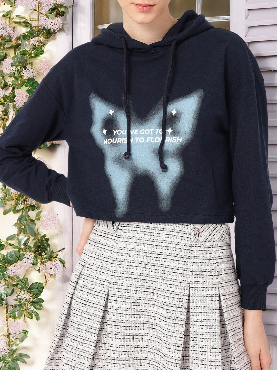 

DressBerry Street Chic Cotton Terry Boxy Crop Hooded Sweatshirt, Navy blue