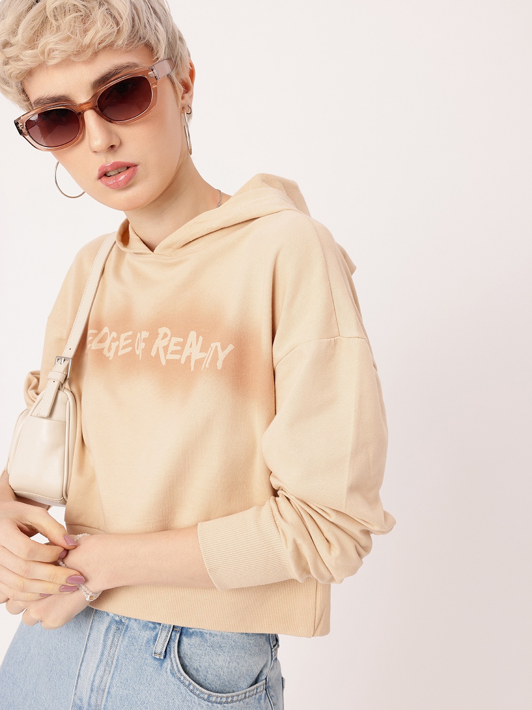 

DressBerry Edgy Touch Printed Cotton Terry Boxy Fit Hooded Sweatshirt, Beige