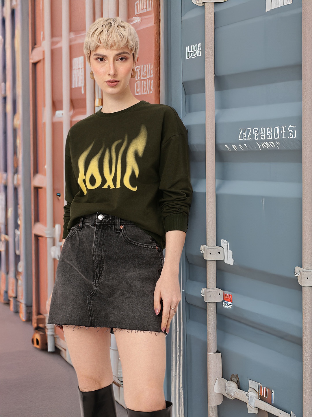 

DressBerry Street Vibe Typography Printed Relaxed Fit Sweatshirt, Olive
