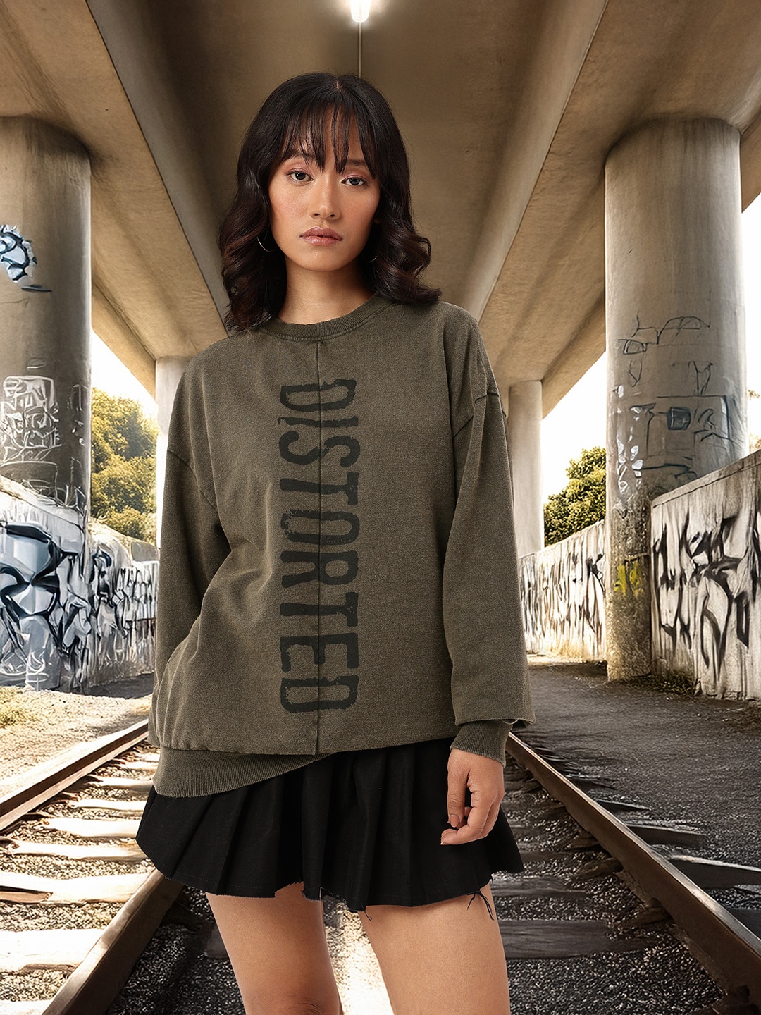 

DressBerry Street Vibe Faded & Typography Printed Cotton Terry Oversized Sweatshirt, Olive
