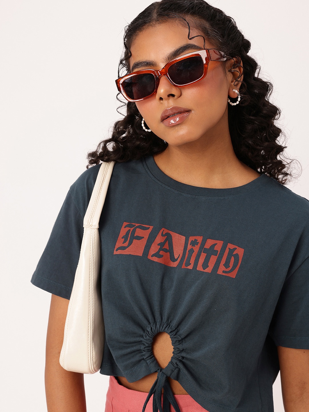 

DressBerry Cute Charm Printed Boxy Fit Gathers Tie-Up Crop Top, Navy blue