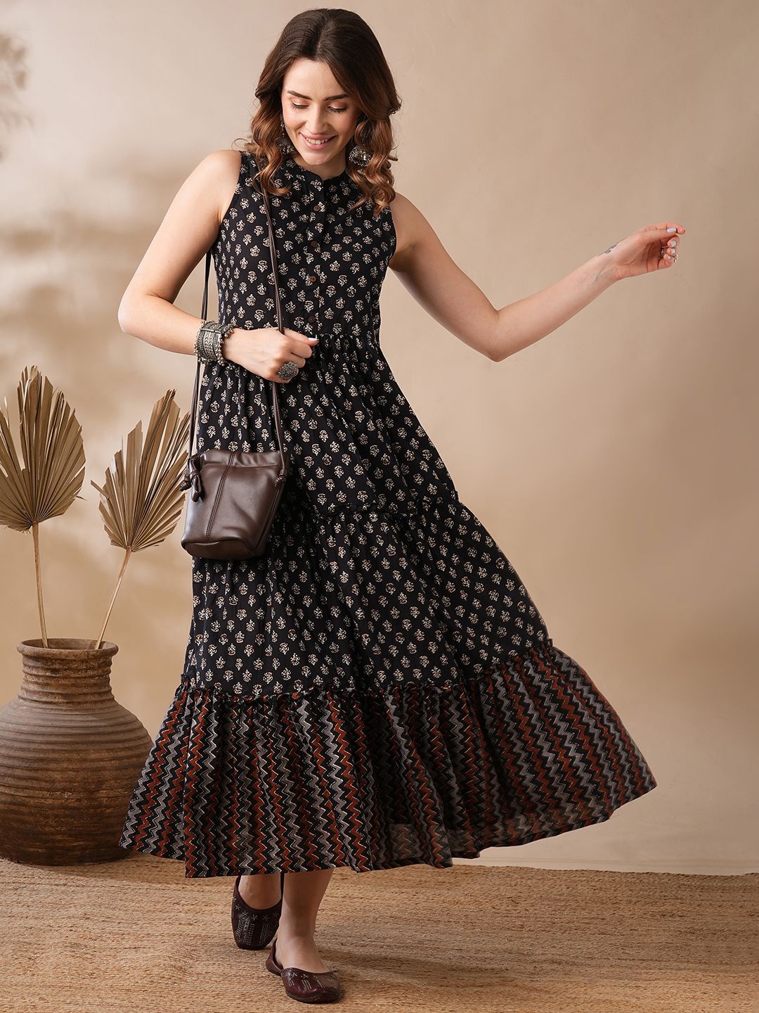 

Globus Floral Block Print Mandarin Collar Tiered Fit & Flare Fusion Maxi Dress, Black